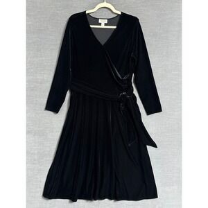 Vintage Talbots Dress 1X Black Velvet Faux‎ Wrap Ruched Long Sleeve Midi Evening